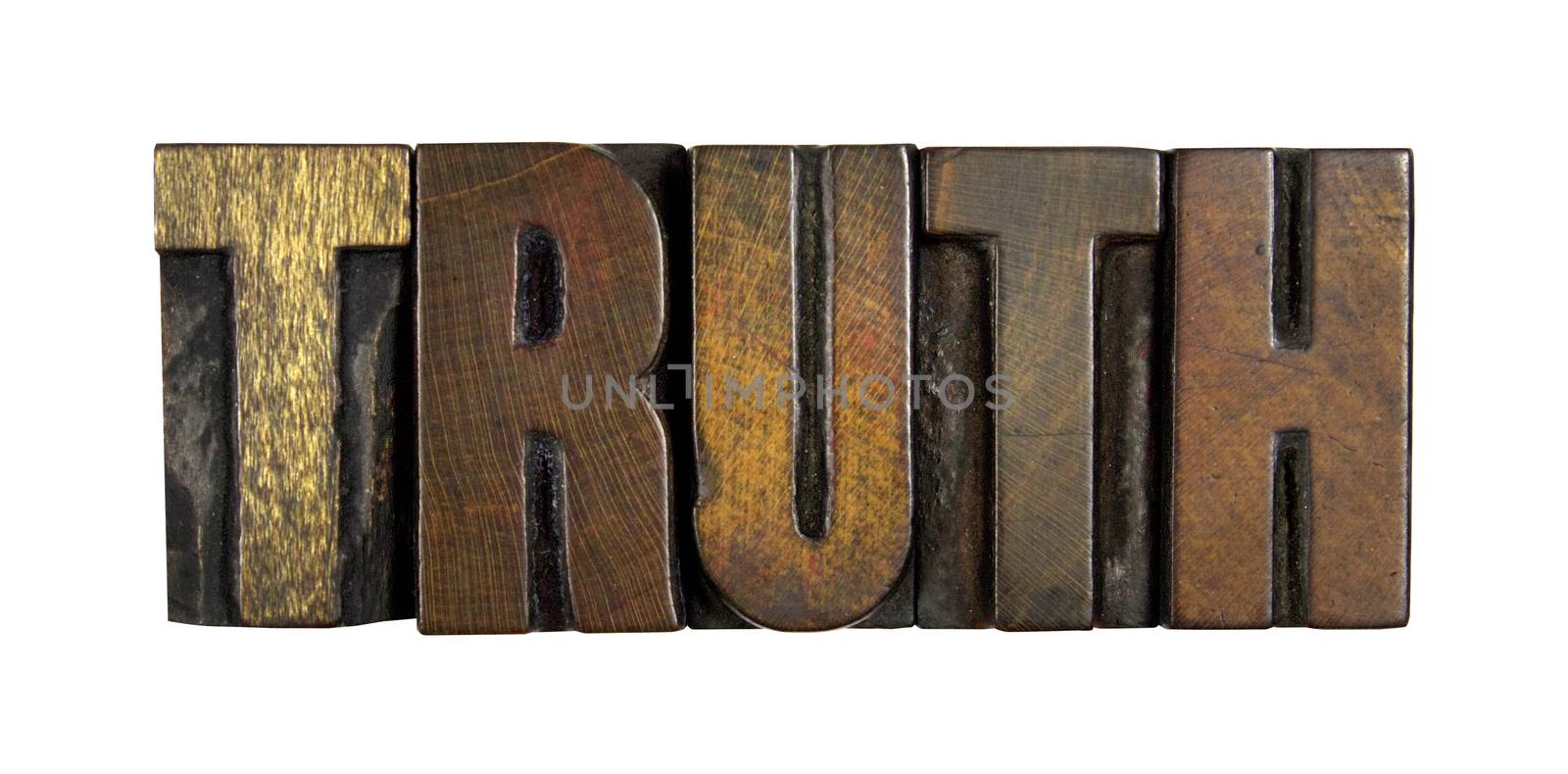 The word TRUTH written in vintage letterpress type isolated on white