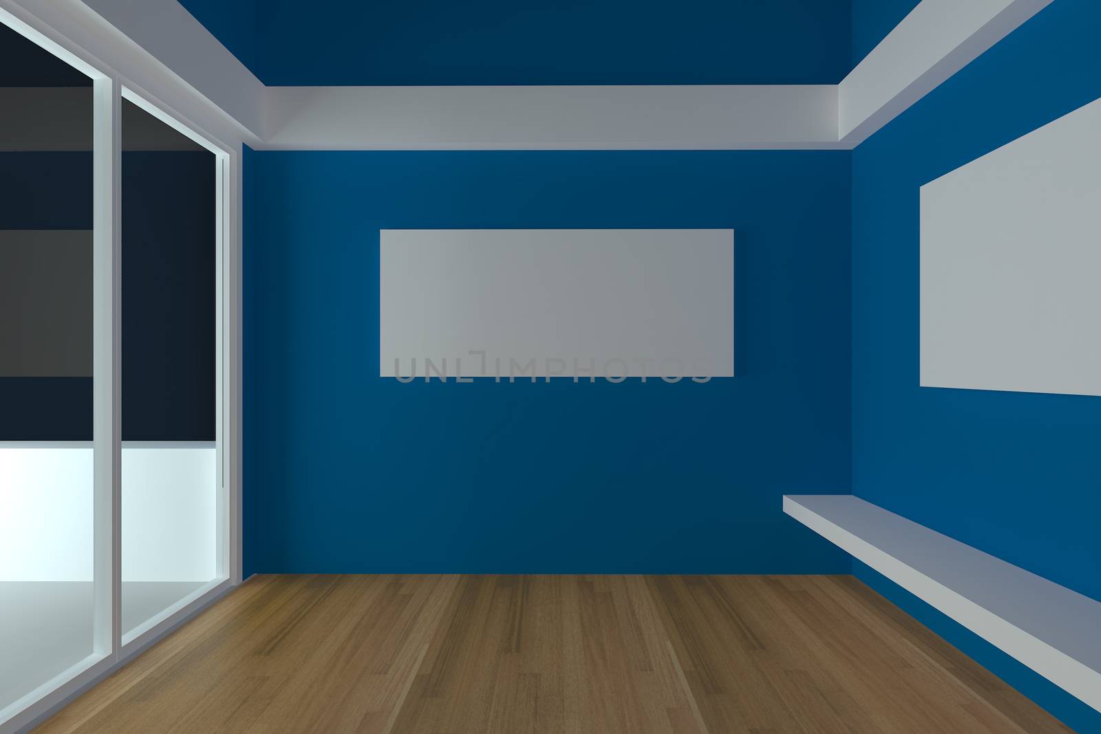 Home interior rendering with empty room color blue wall and decorated with wood floors. 