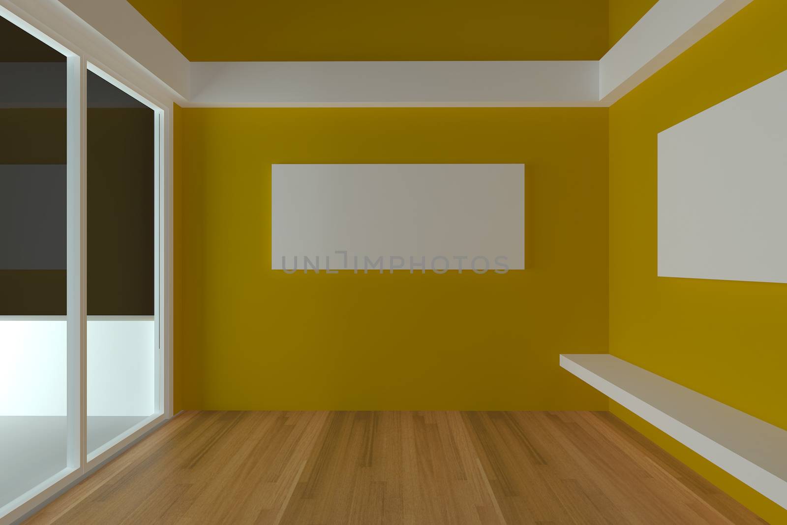 Home interior rendering with empty room color yellow wall and decorated with wood floors. 