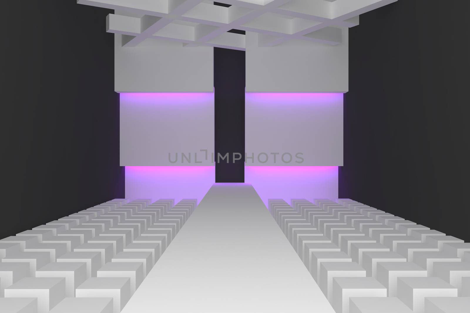 Empty fashion runway purple color lighting and black wall.
