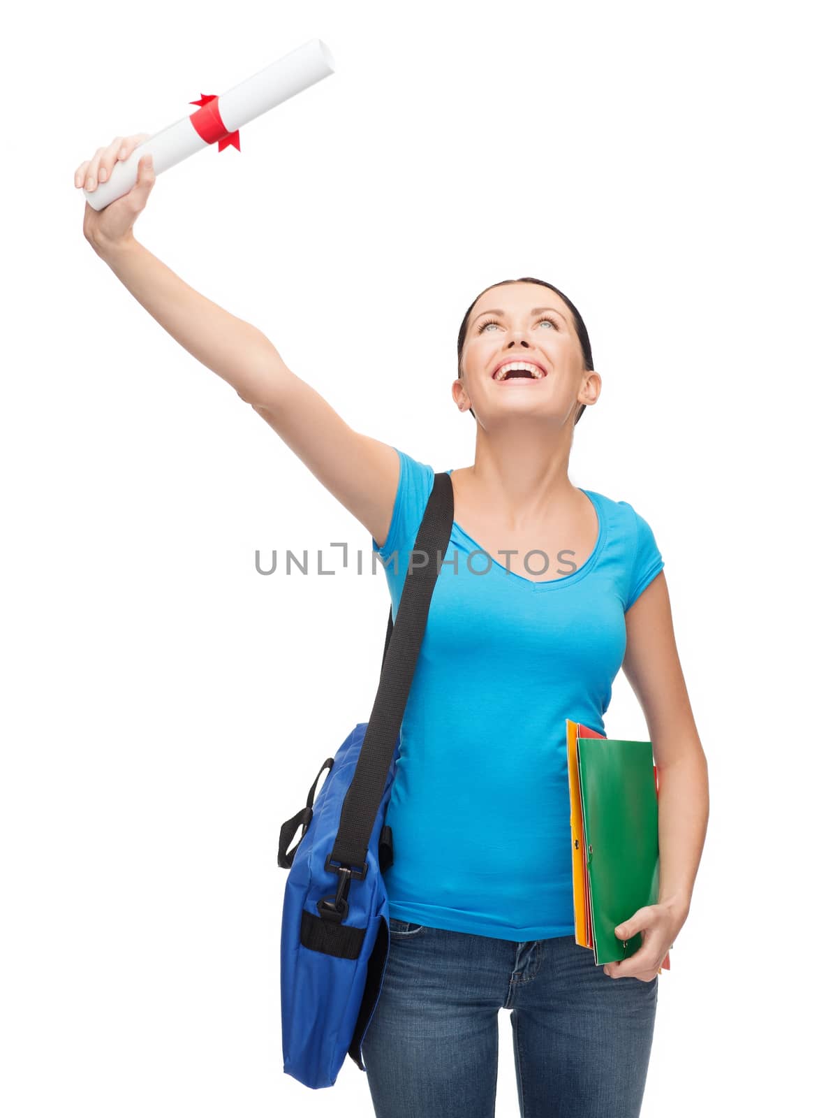 education and happy people concept - smiling student with bag, folders and diploma