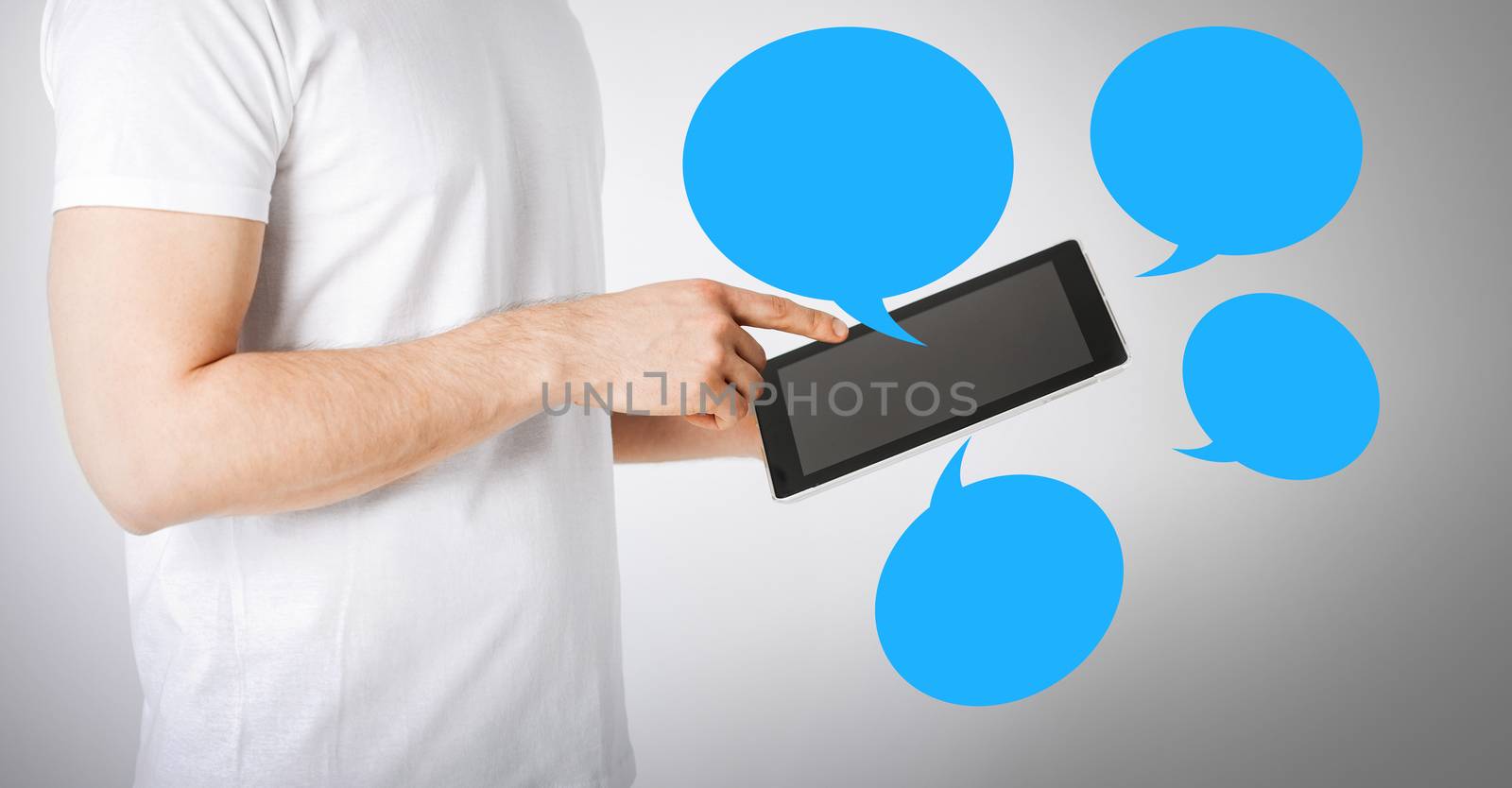 communication and technology concept - close up of male with tablet pc