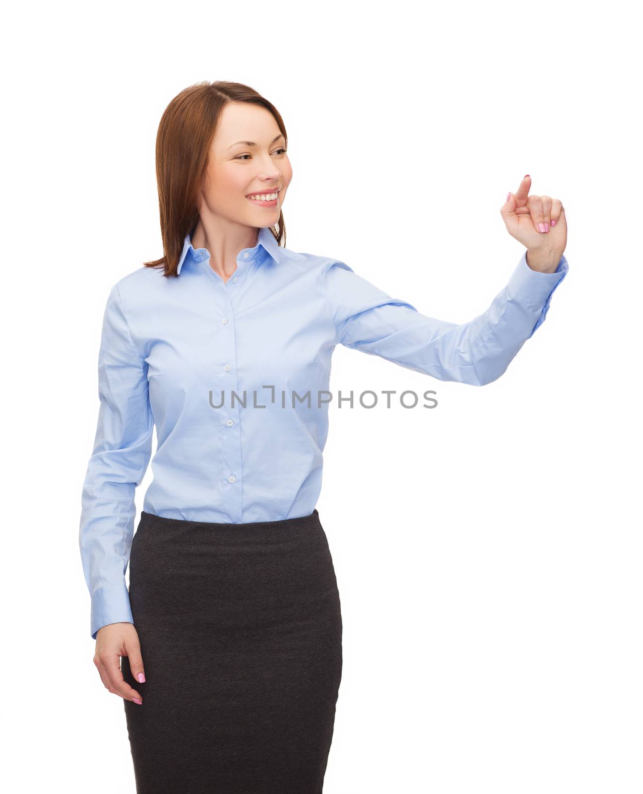 smiling businesswoman working with virtual screen by dolgachov