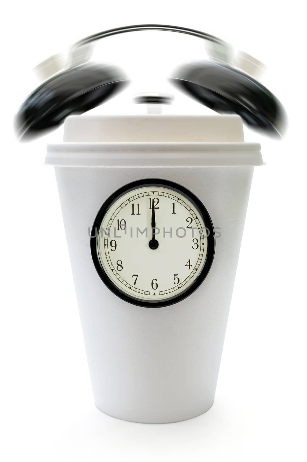 Taking a break concept with clock face and ringing bells around a plastic coffee cup 