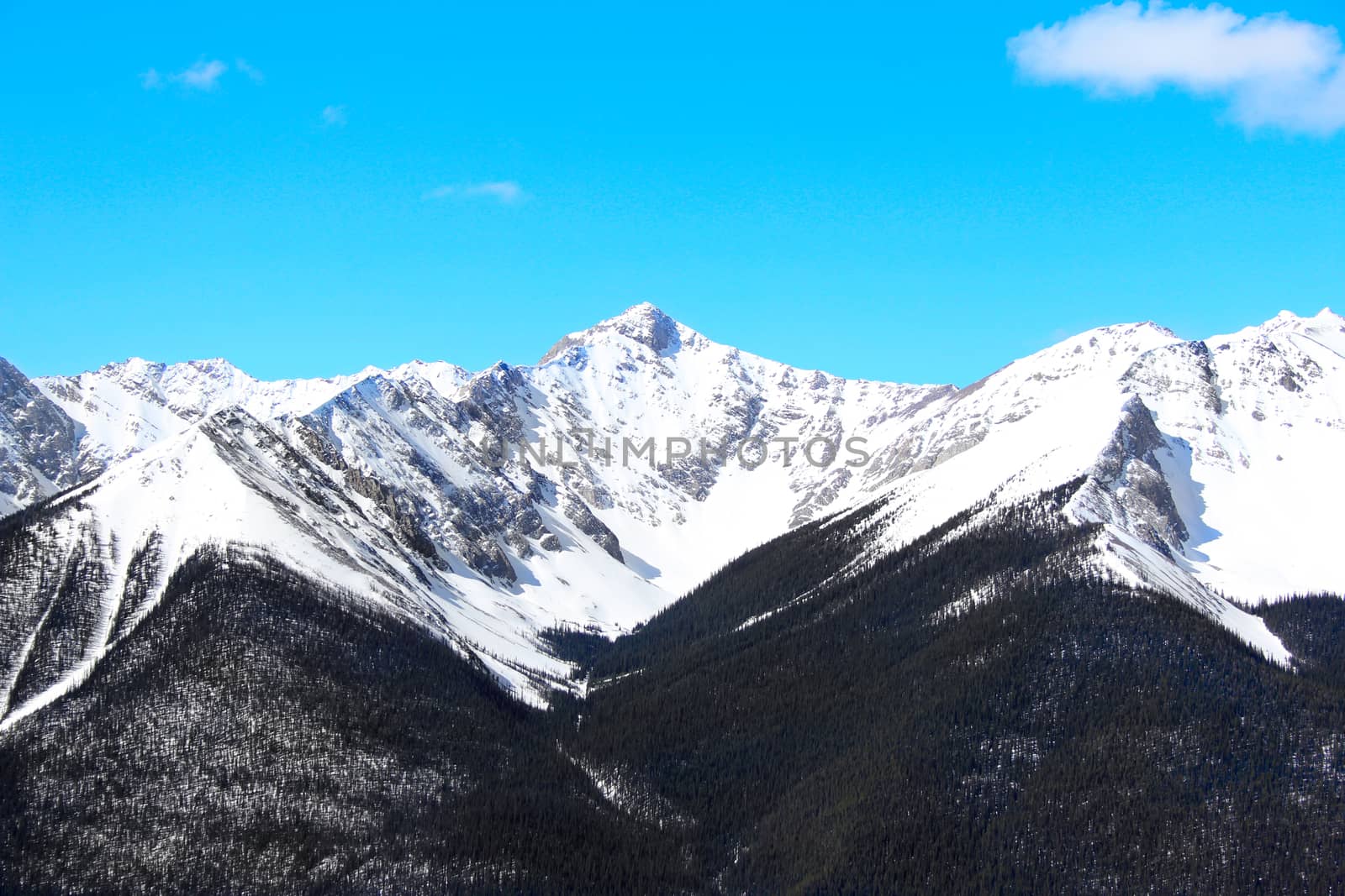 Snow covered rocky mountains during early spring