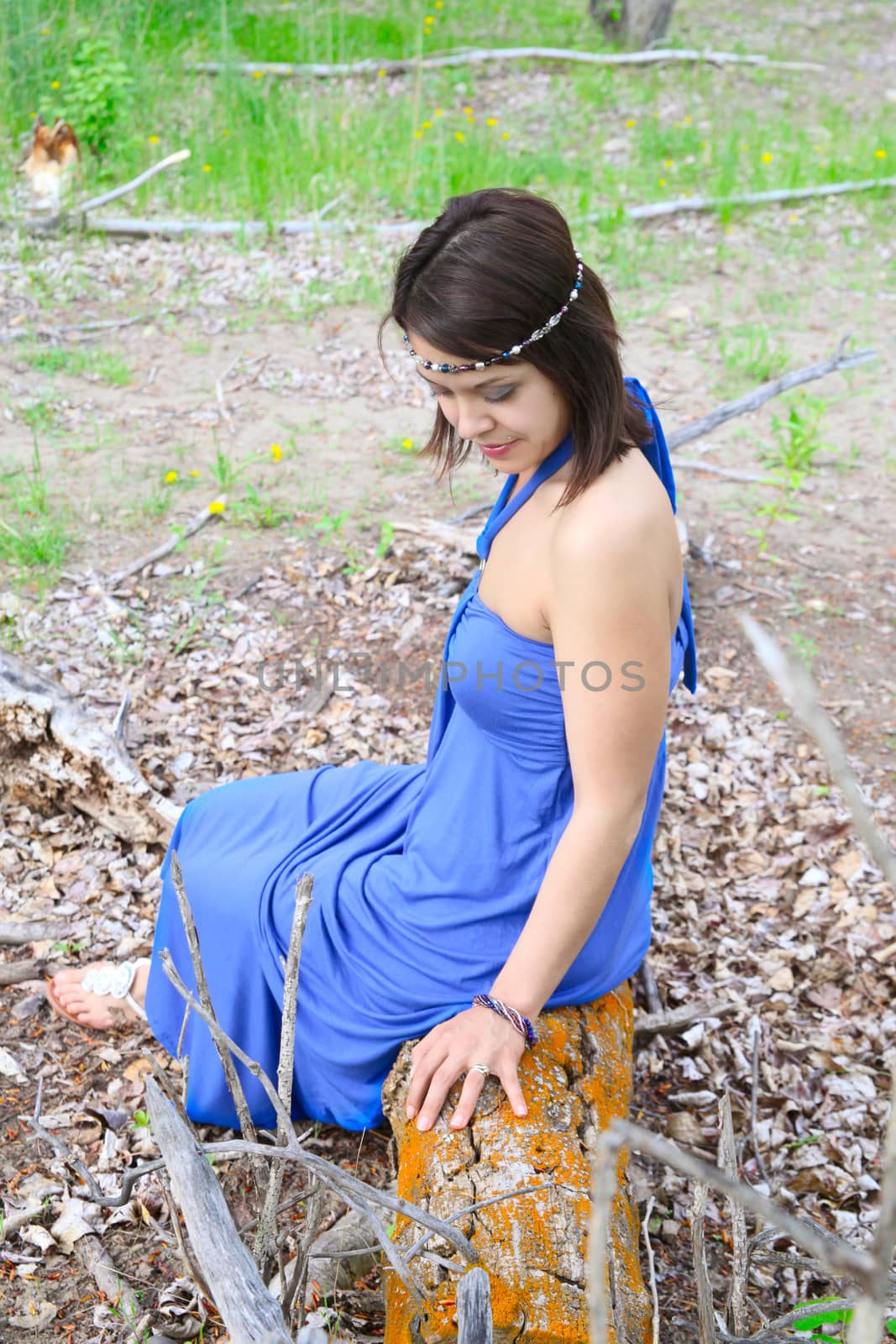 Brunette female wearing a blue dress outdoors 