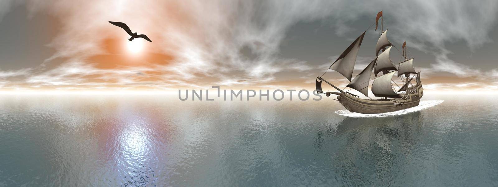 Pirate ship floating on the ocean next to seagull flying by sunset, 360 degrees effect