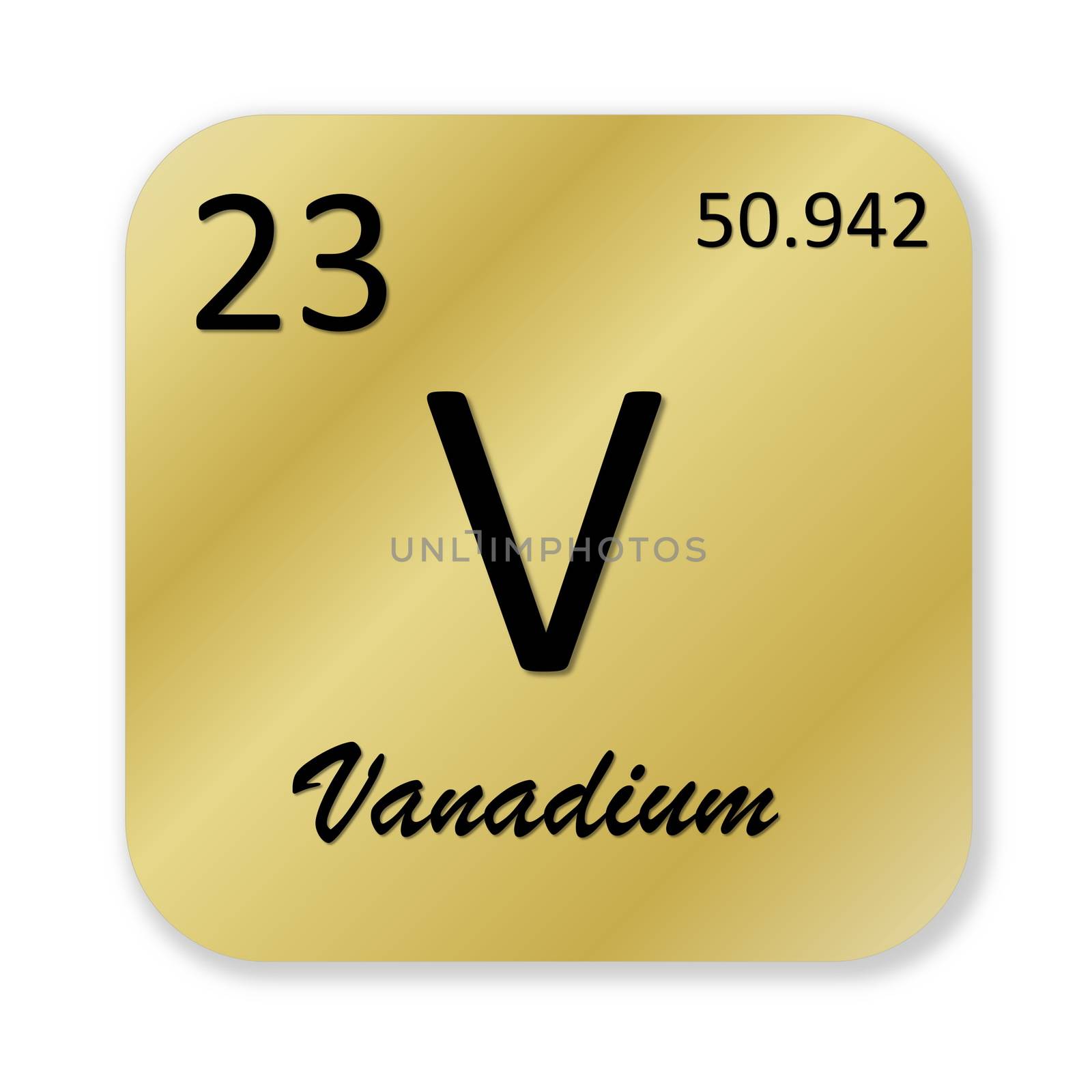 Black vanadium element into golden square shape isolated in white background