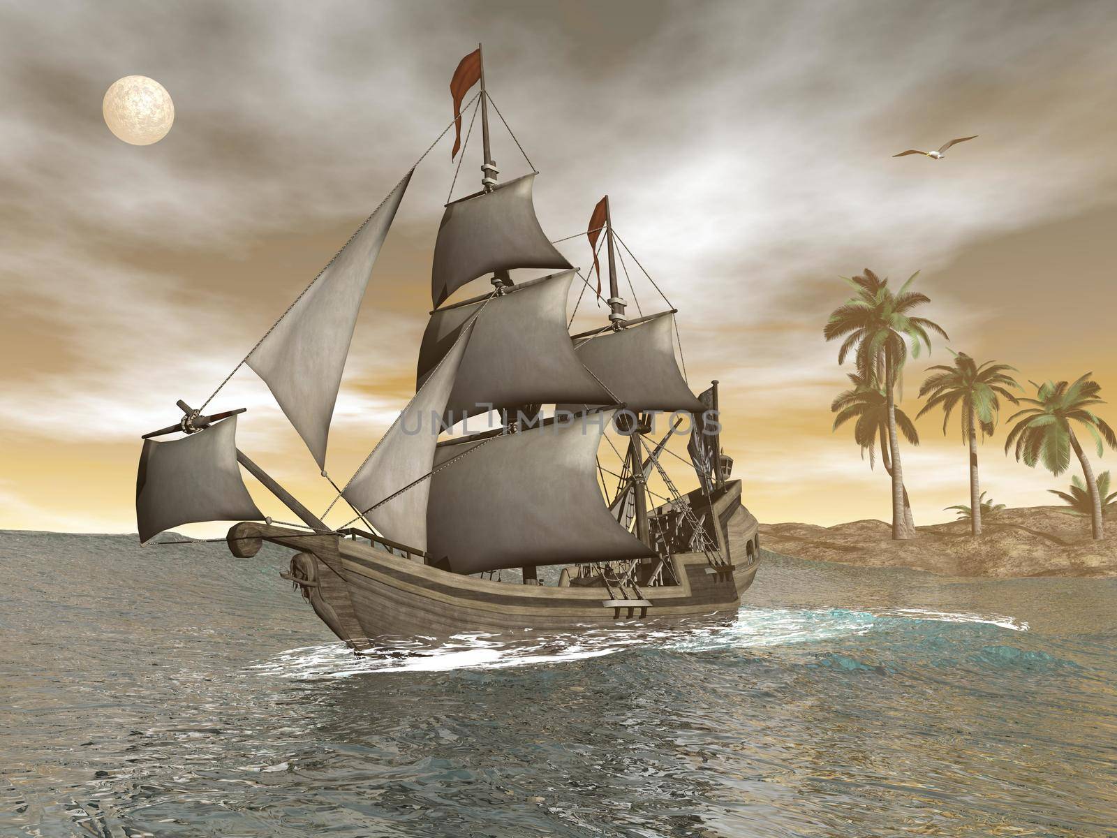 Pirate ship leaving - 3D render by Elenaphotos21