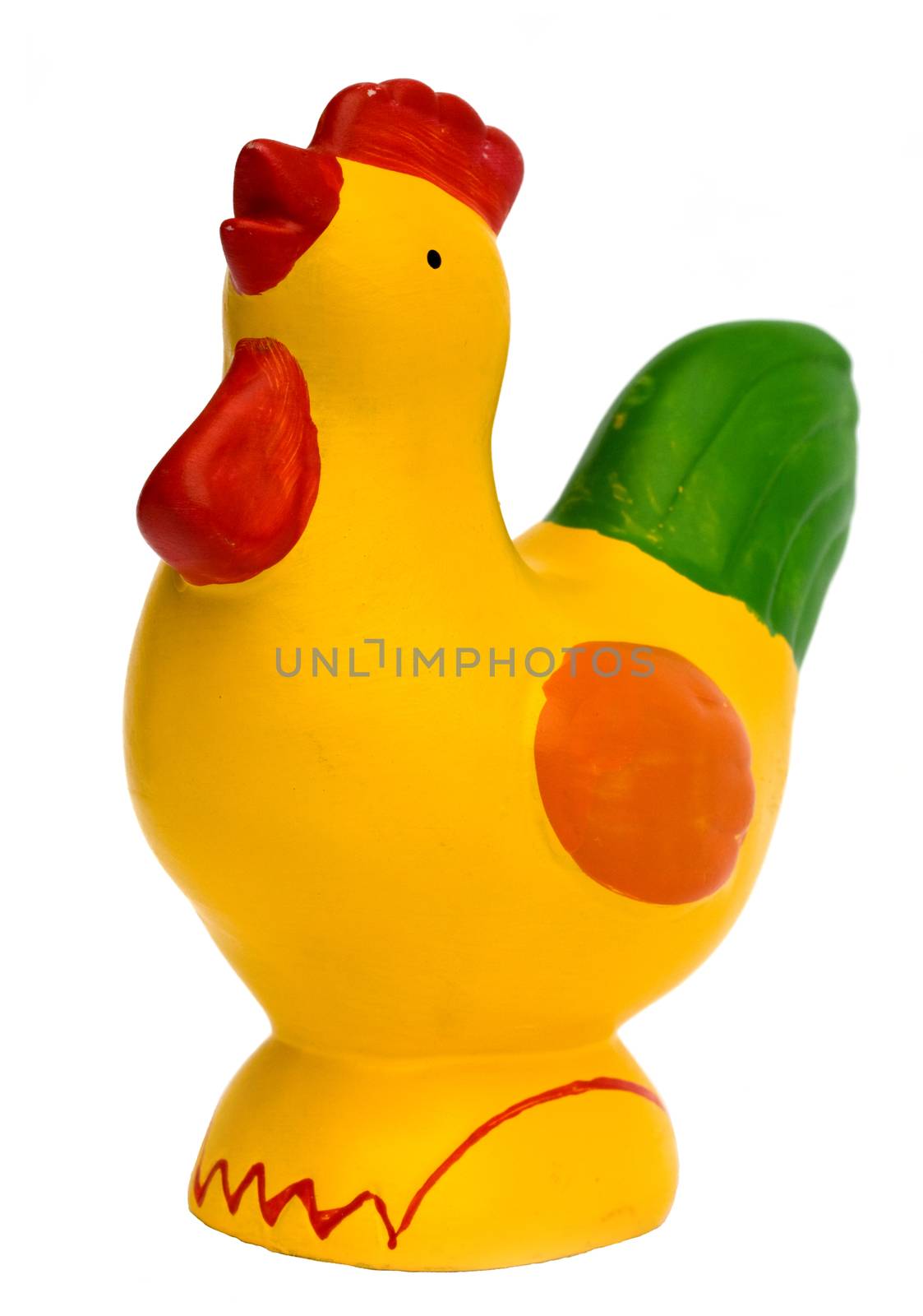 Old retro yellow ceramic chicken isolated on white