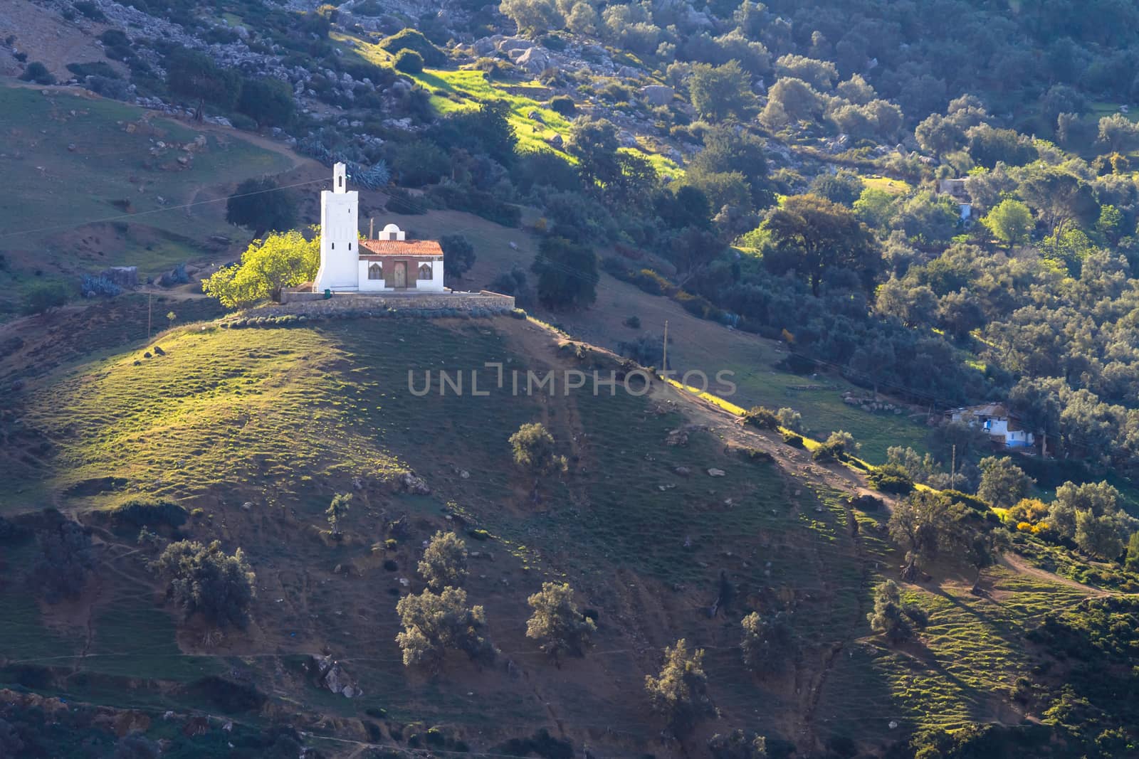 Mosque on the hill in chefchaouen, morocco