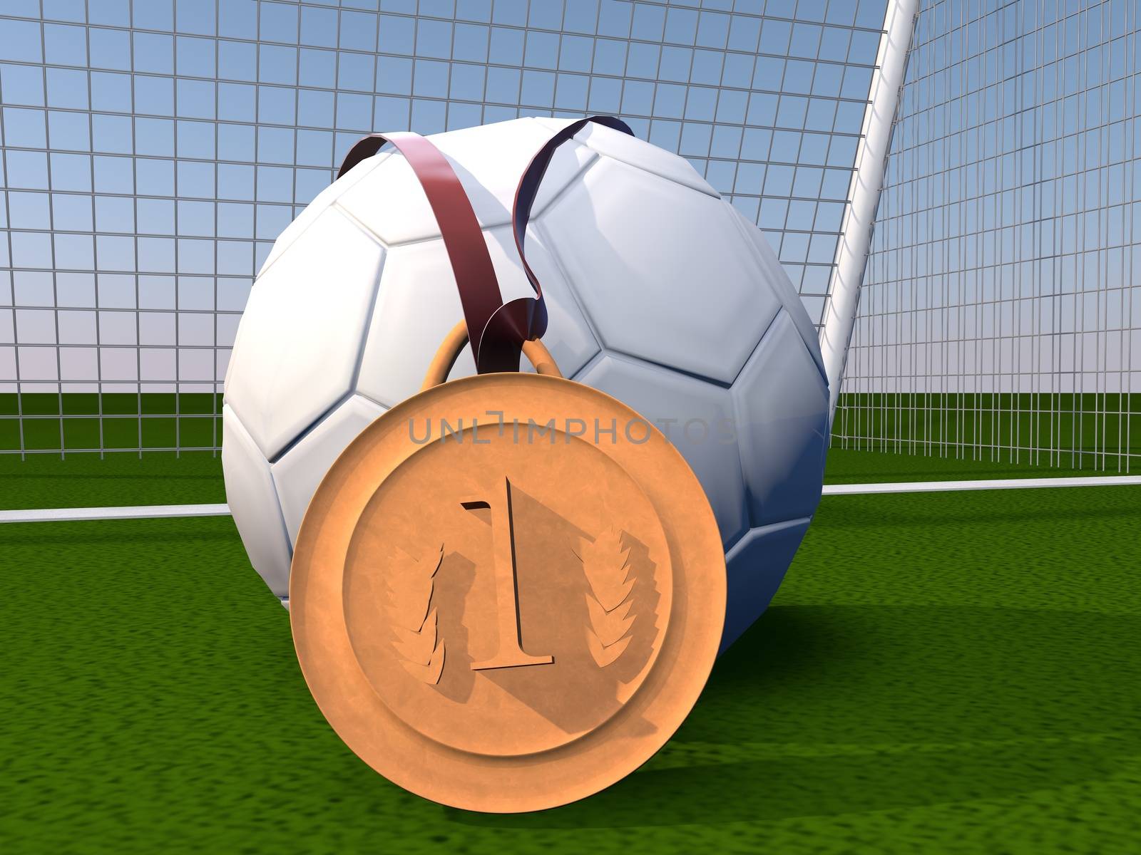 Football and gold medal, with net on the back, 3d render