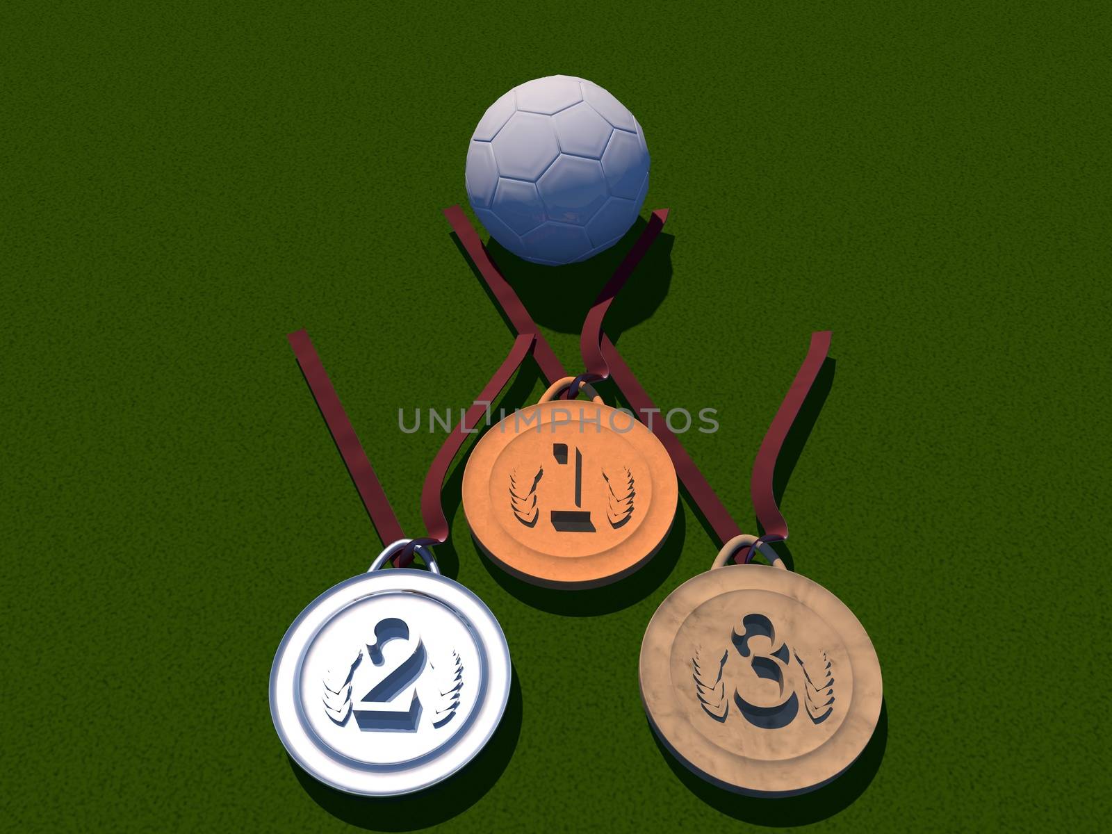 White football over grass field with gold, silver and bronze medals, 3d render