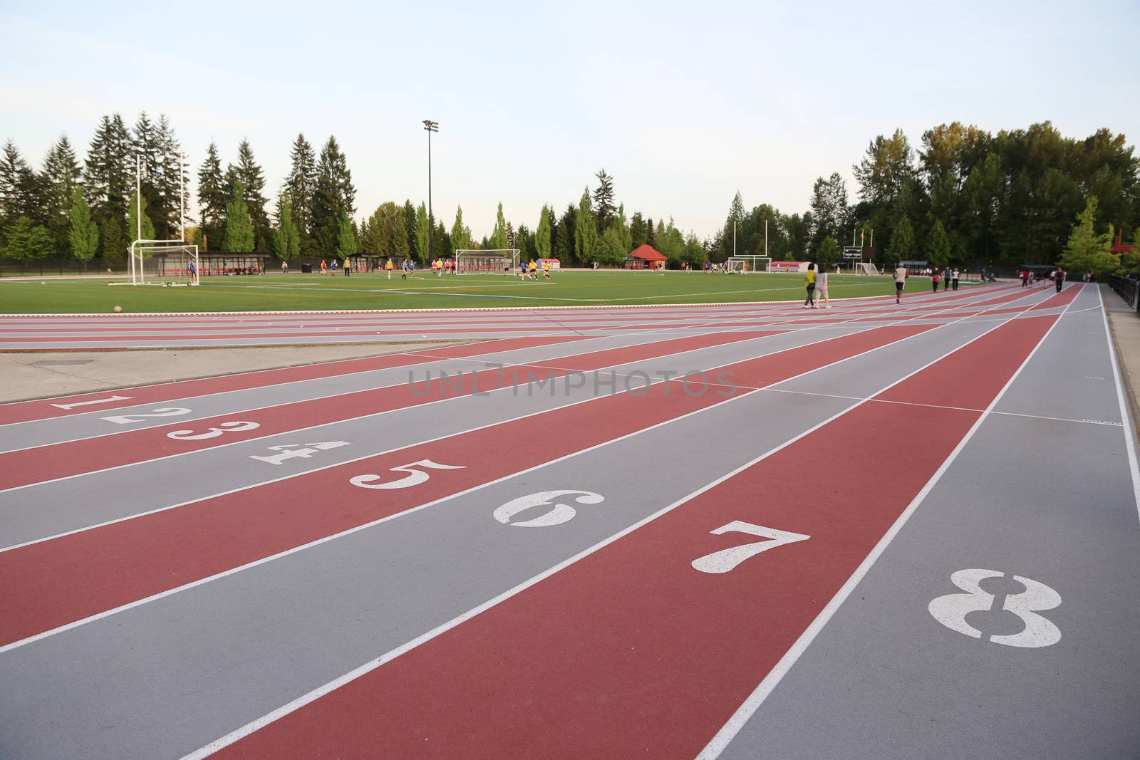 Red treadmill at the stadium with the numbering from one to eight