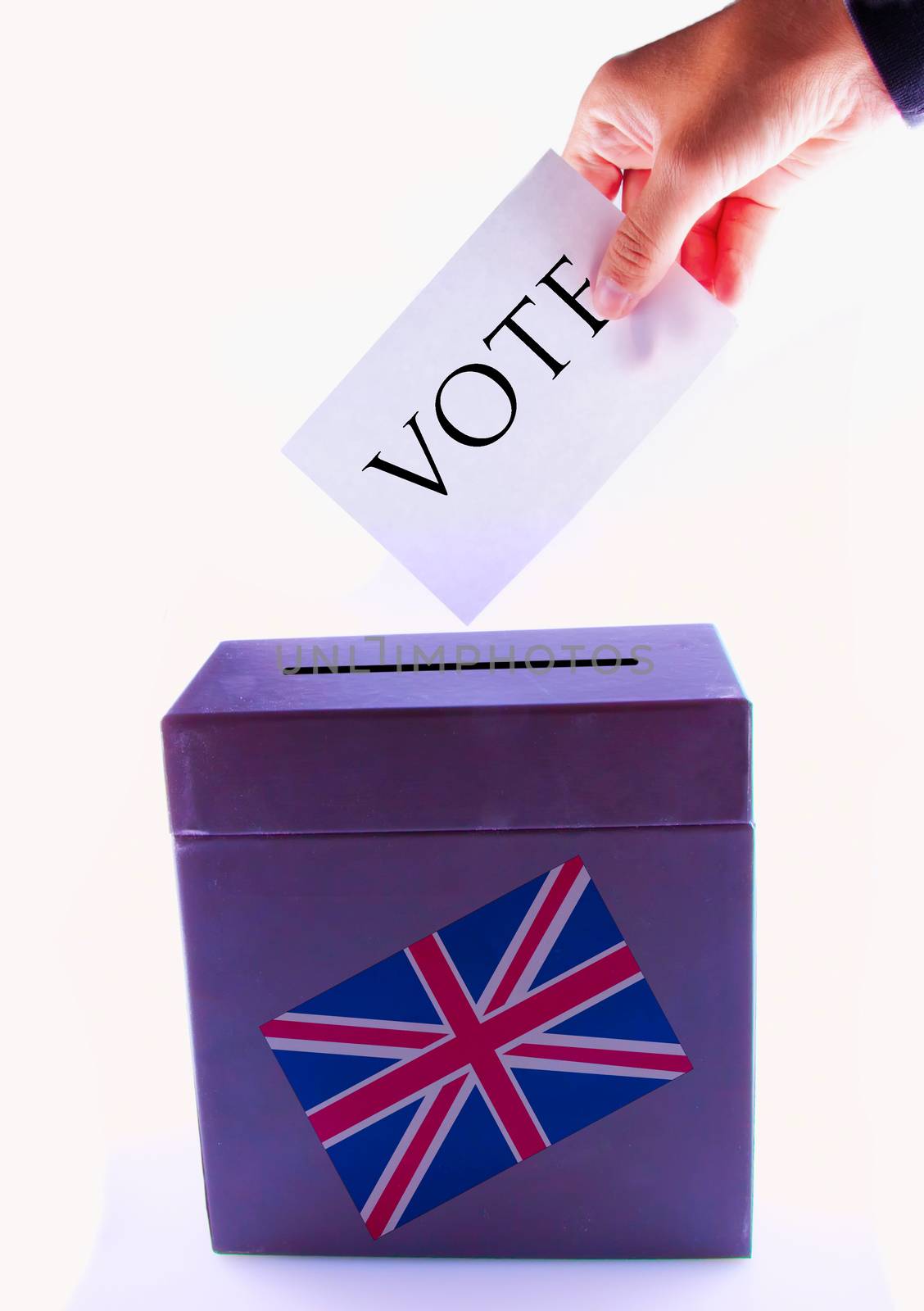 Urn for vote, with male hand posting vote and UK banner