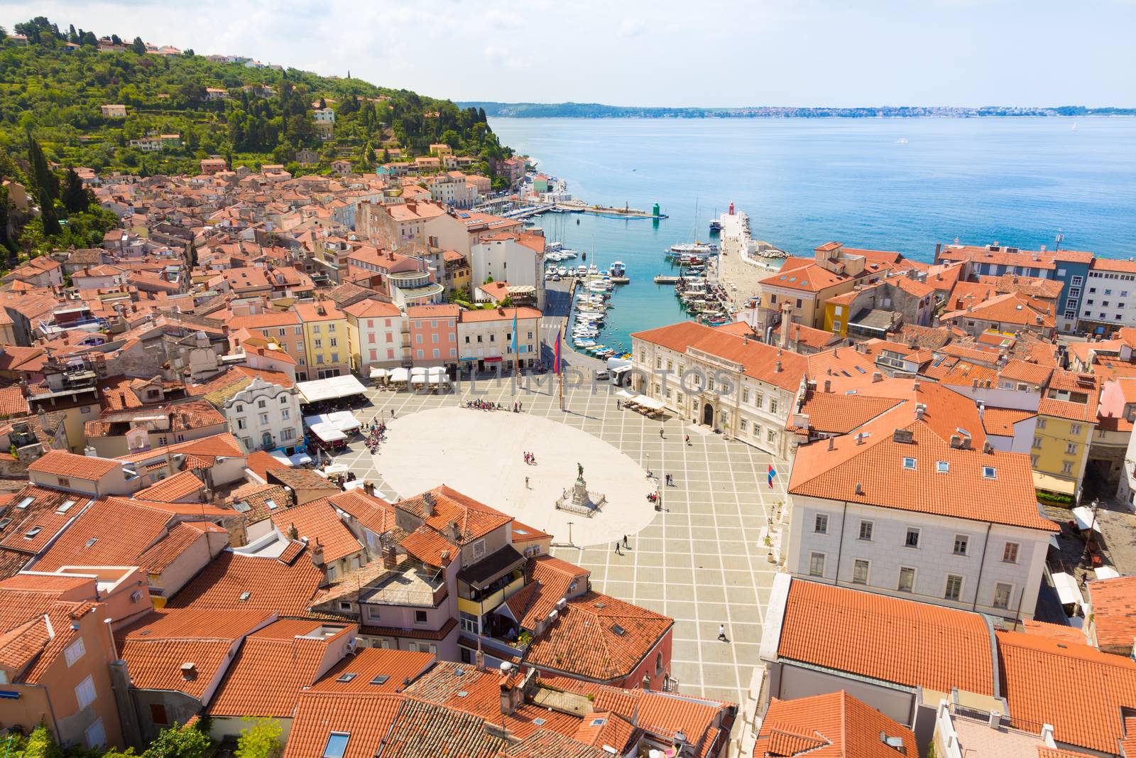 Picturesque old town Piran - beautiful Slovenian adriatic coast. Aerial view of Tartini Square.