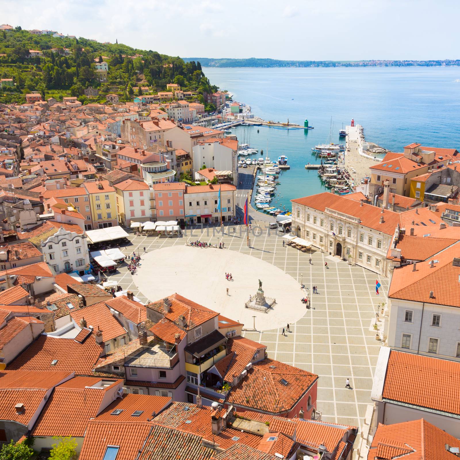 Picturesque old town Piran - beautiful Slovenian adriatic coast. Aerial view of Tartini Square.