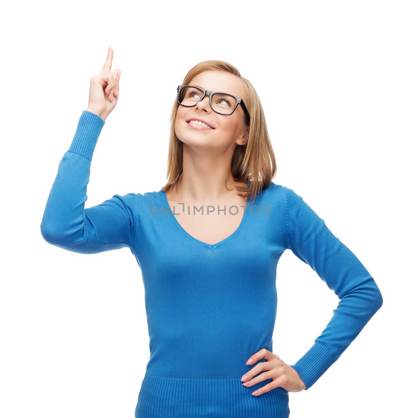 smiling woman pointing her finger up by dolgachov