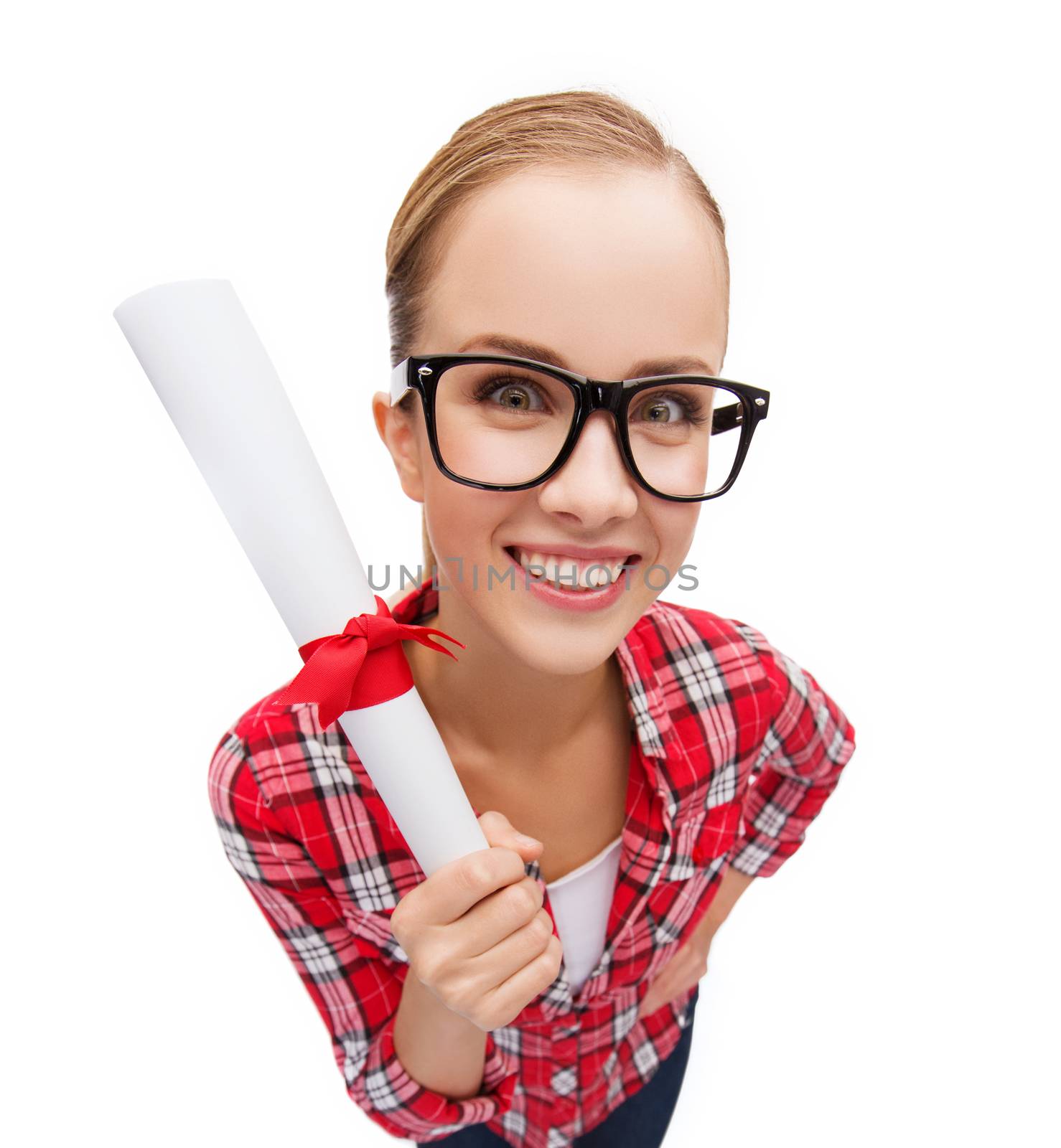 smiling woman in black eyeglasses with diploma by dolgachov