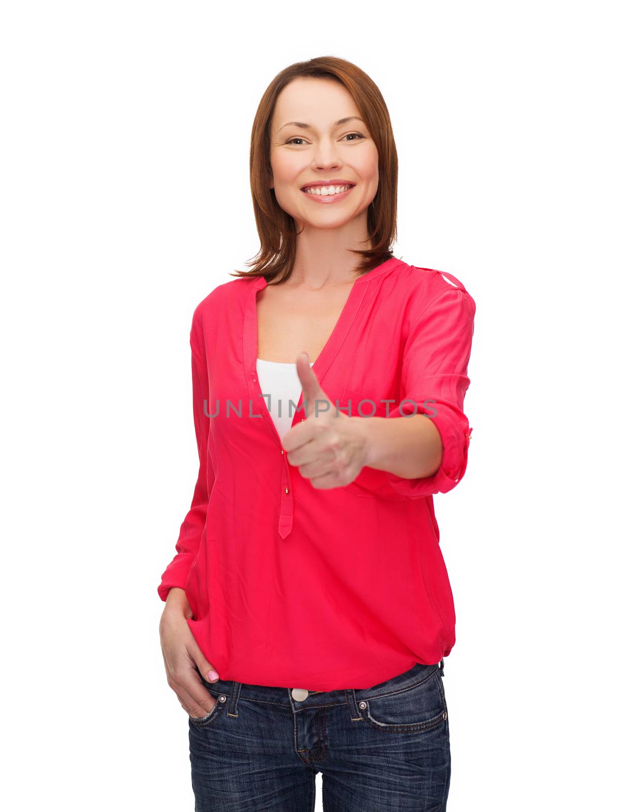 smiling woman showing thumbs up by dolgachov