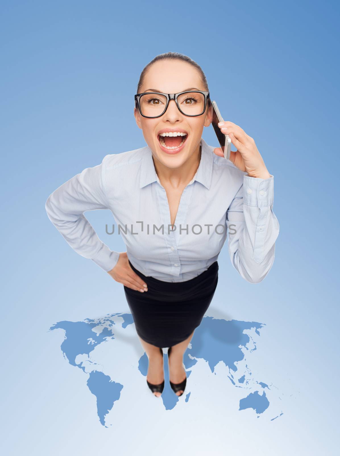 happy businesswoman in eyeglasses with smartphone by dolgachov