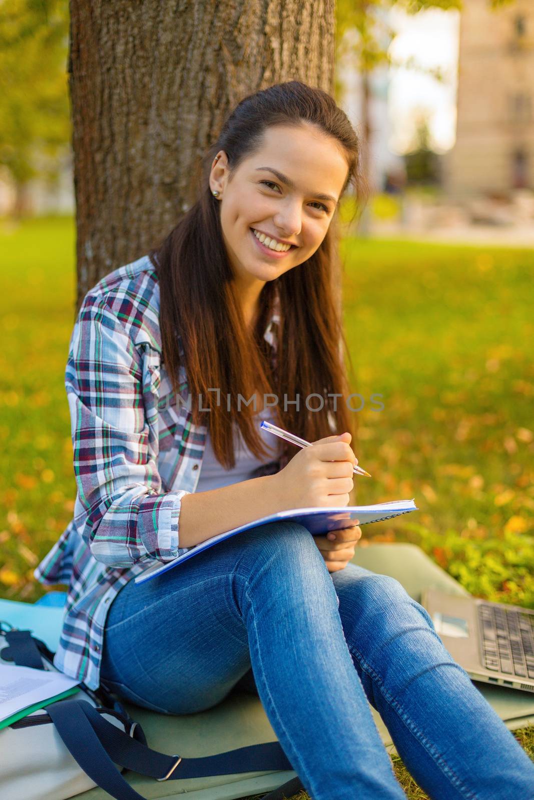 smiling teenager writing in notebook by dolgachov