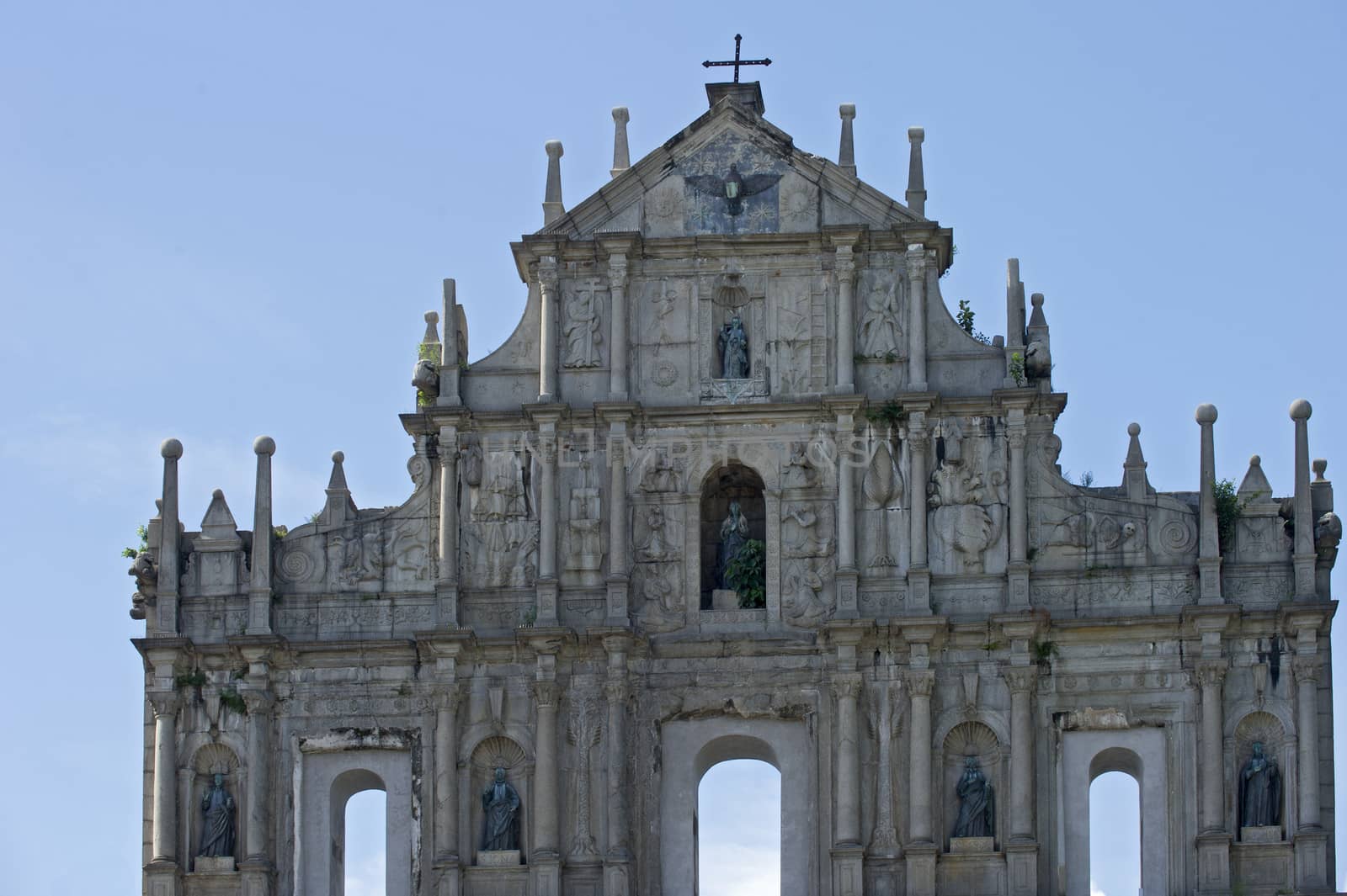 Detail of facade of ruined church of St Paul. Macau. China