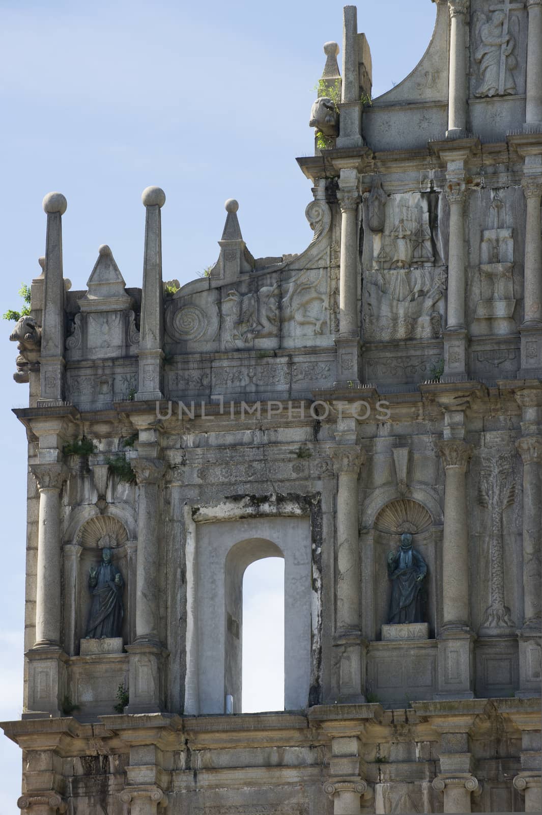 Detail of facade of ruined church of St Paul. Macau. China