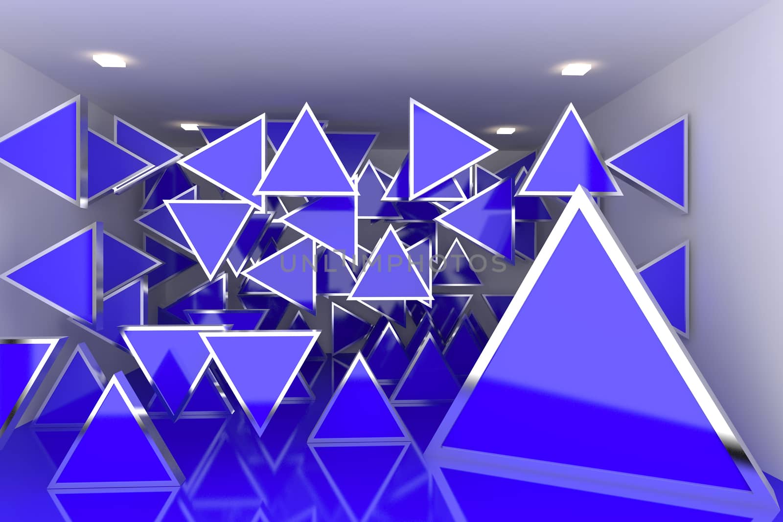 Abstract interior rendering with empty room color triangle box display.