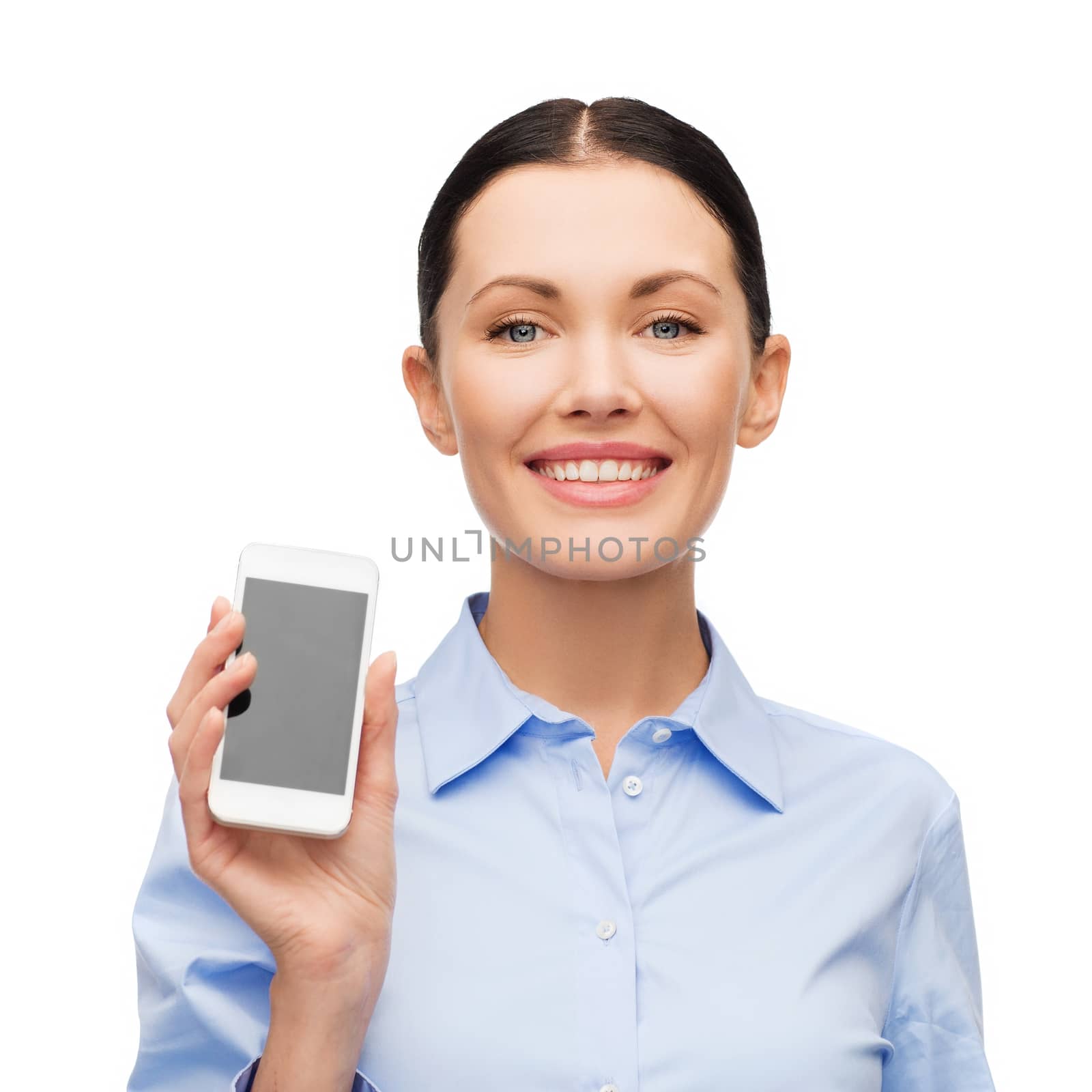 business, technology, internet and education concept - friendly young smiling businesswoman with smartphone blank screen