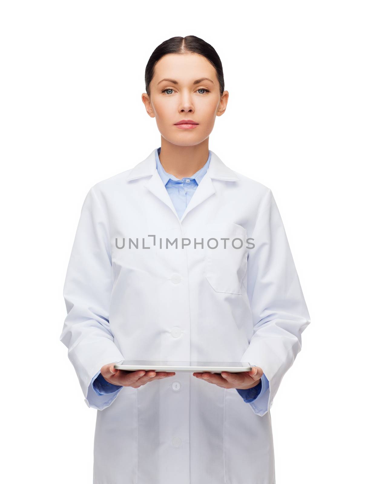 healthcare, technology and medicine concept - serious female doctor and tablet pc computer