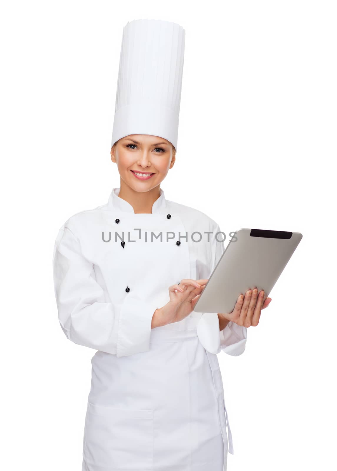 smiling female chef with tablet pc computer by dolgachov