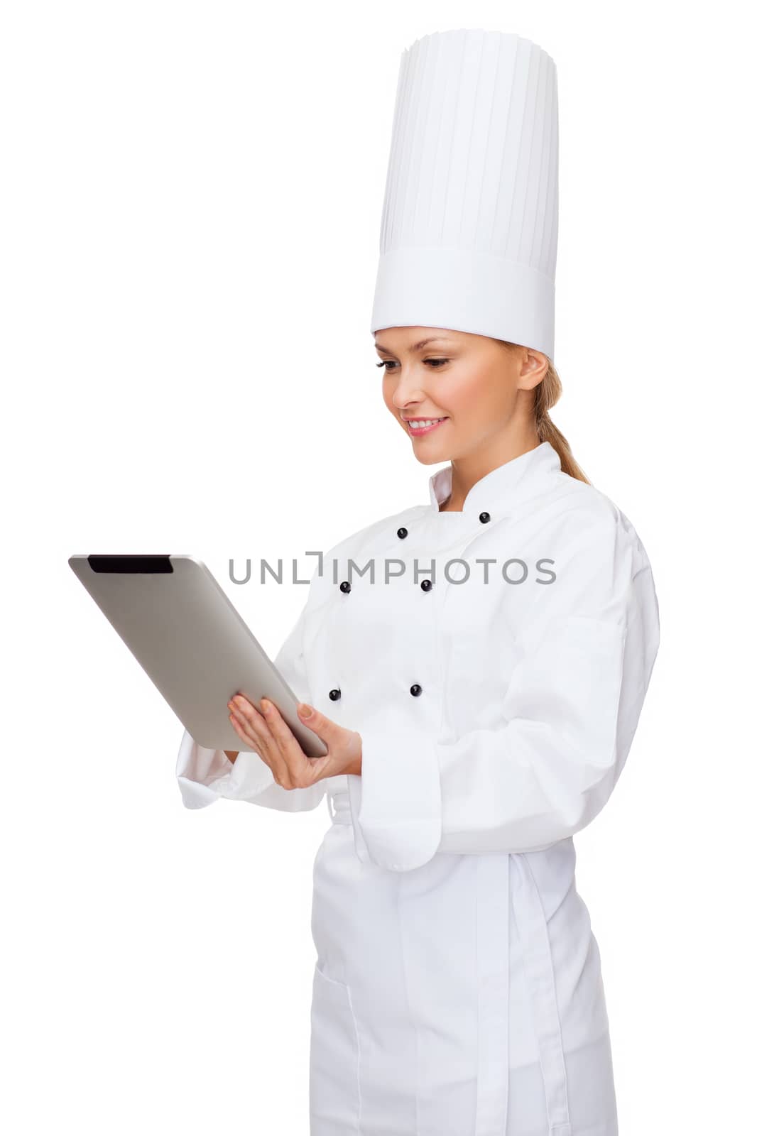 cooking, technology and food concept - smiling female chef with tablet pc computer