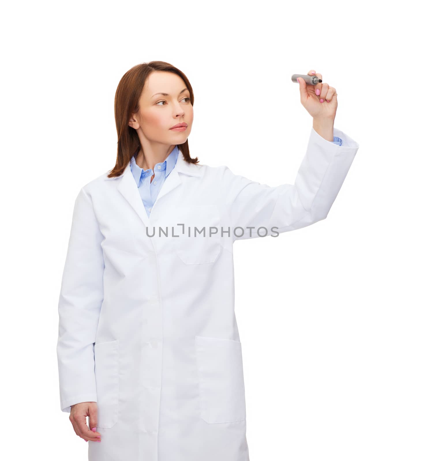 healthcare, medical and technology concept - young female doctor writing something in the air