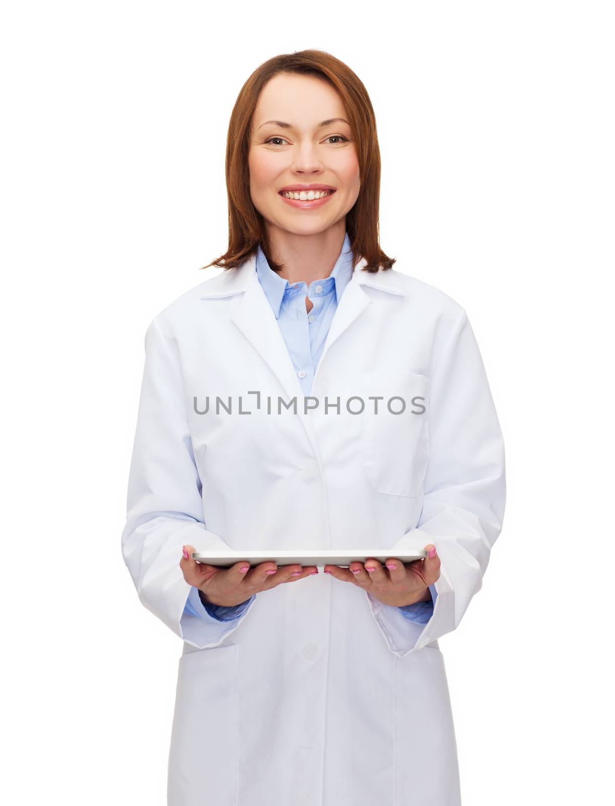 smiling female doctor and tablet pc computer by dolgachov