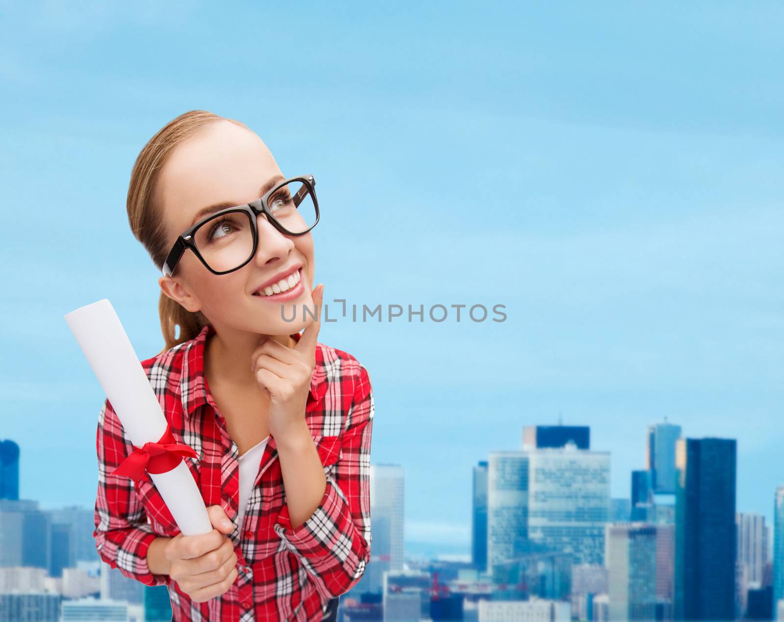 university and education concept - smiling woman in black eyeglasses with diploma