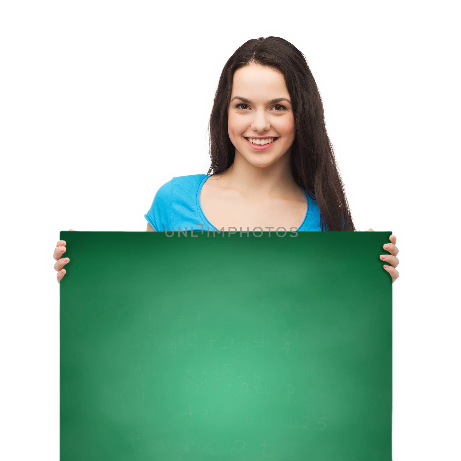 smiling young girl with blank white board by dolgachov