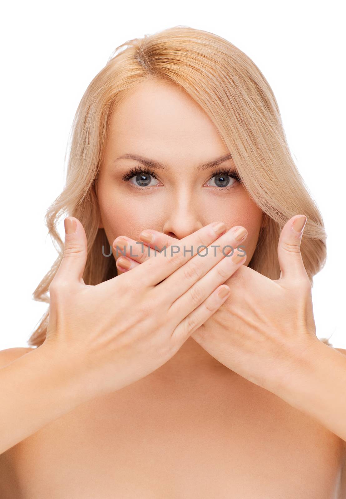 spa, health and beauty concept - beautiful woman covering her mouth