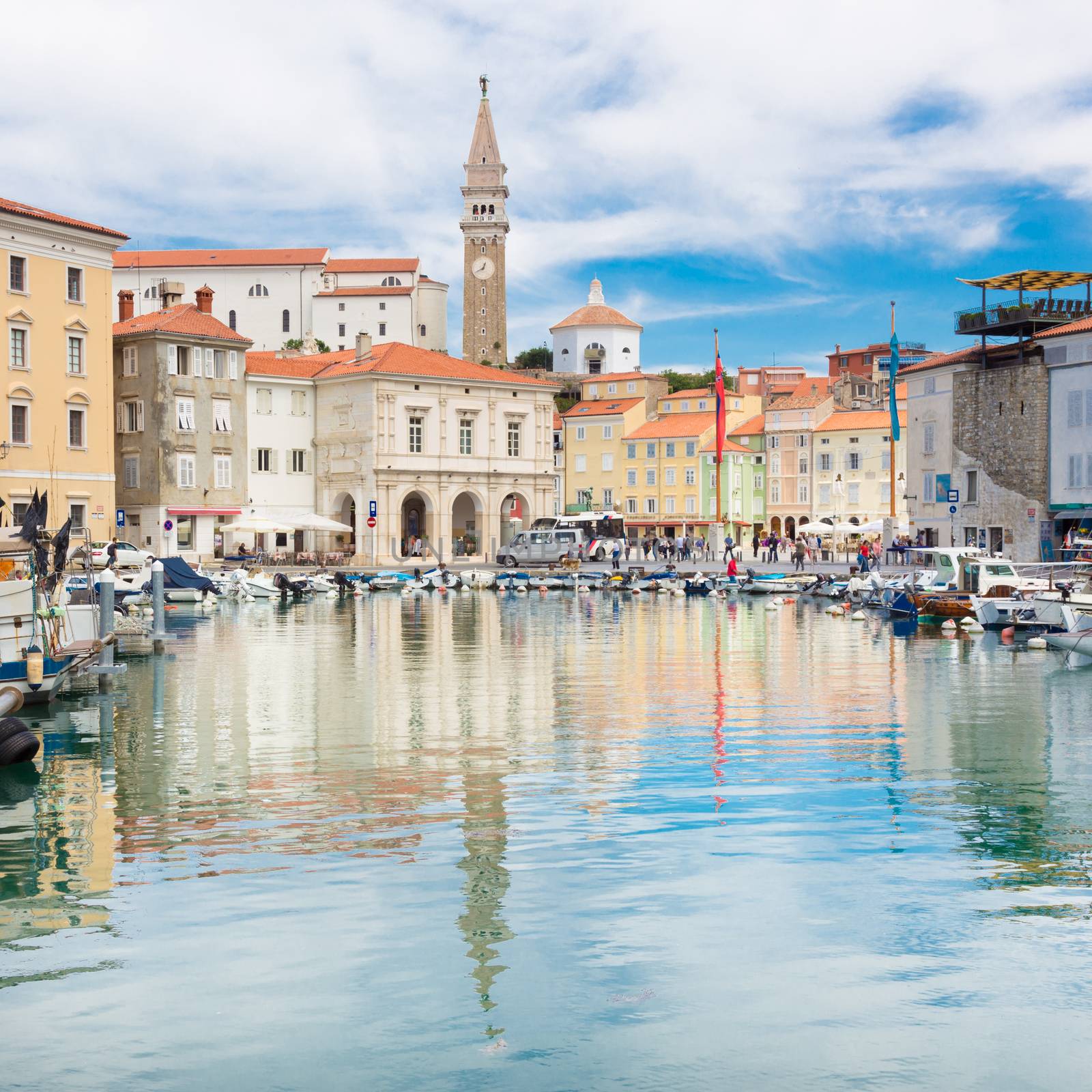 Picturesque old town Piran - beautiful Slovenian adriatic coast. Aerial view of Tartini Square.