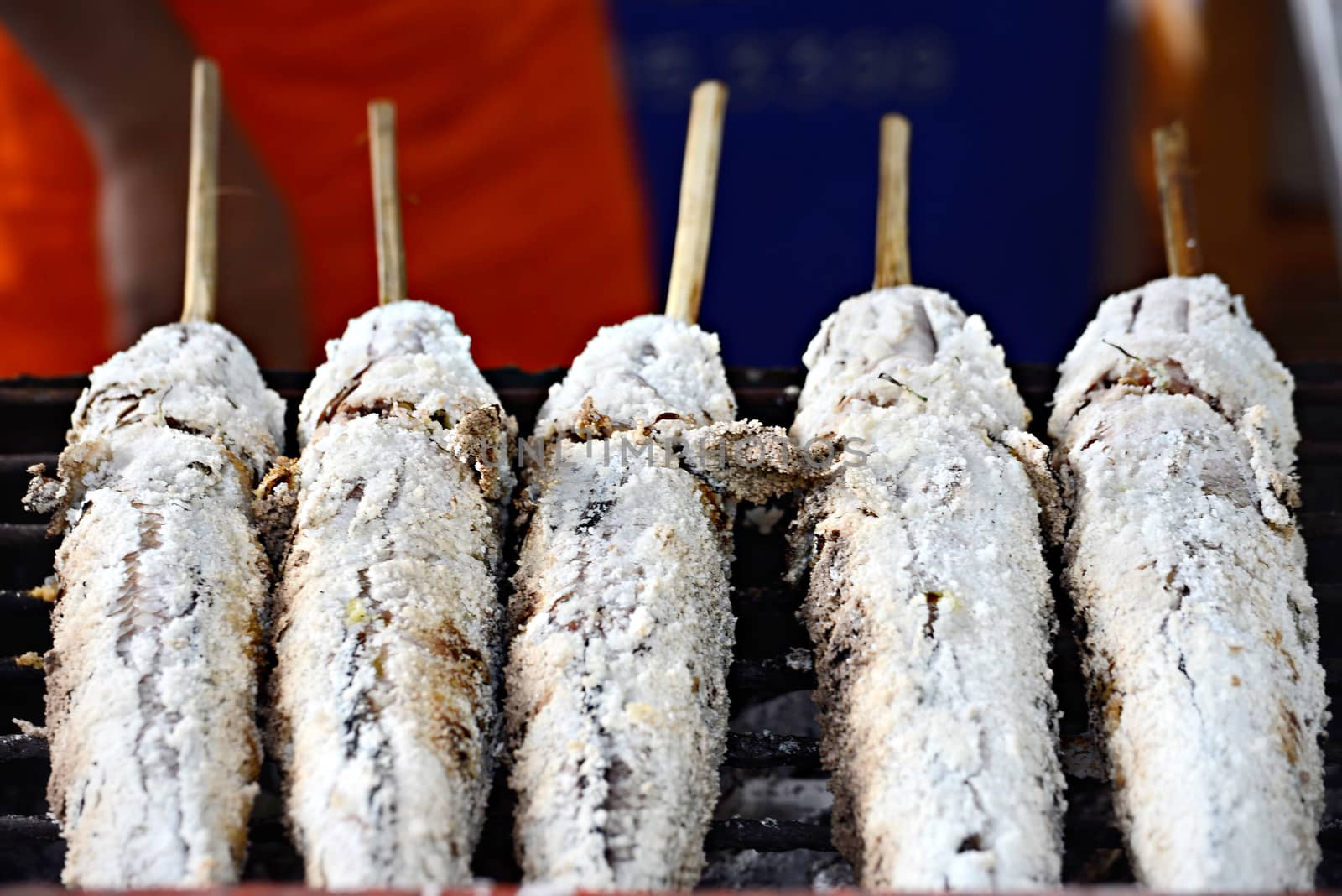 Grill snake head fish with salt coated,the popular food in Thailand