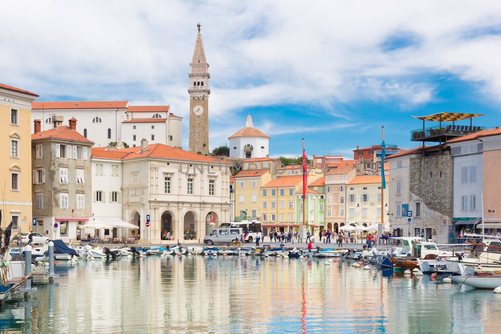 Picturesque old town Piran - beautiful Slovenian adriatic coast. Aerial view of Tartini Square.