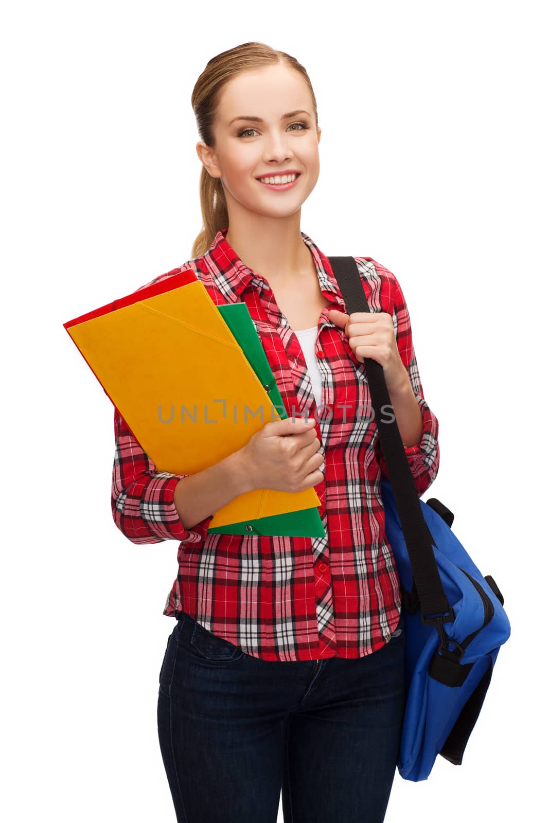 education and people concept - smiling female student with bag and folders