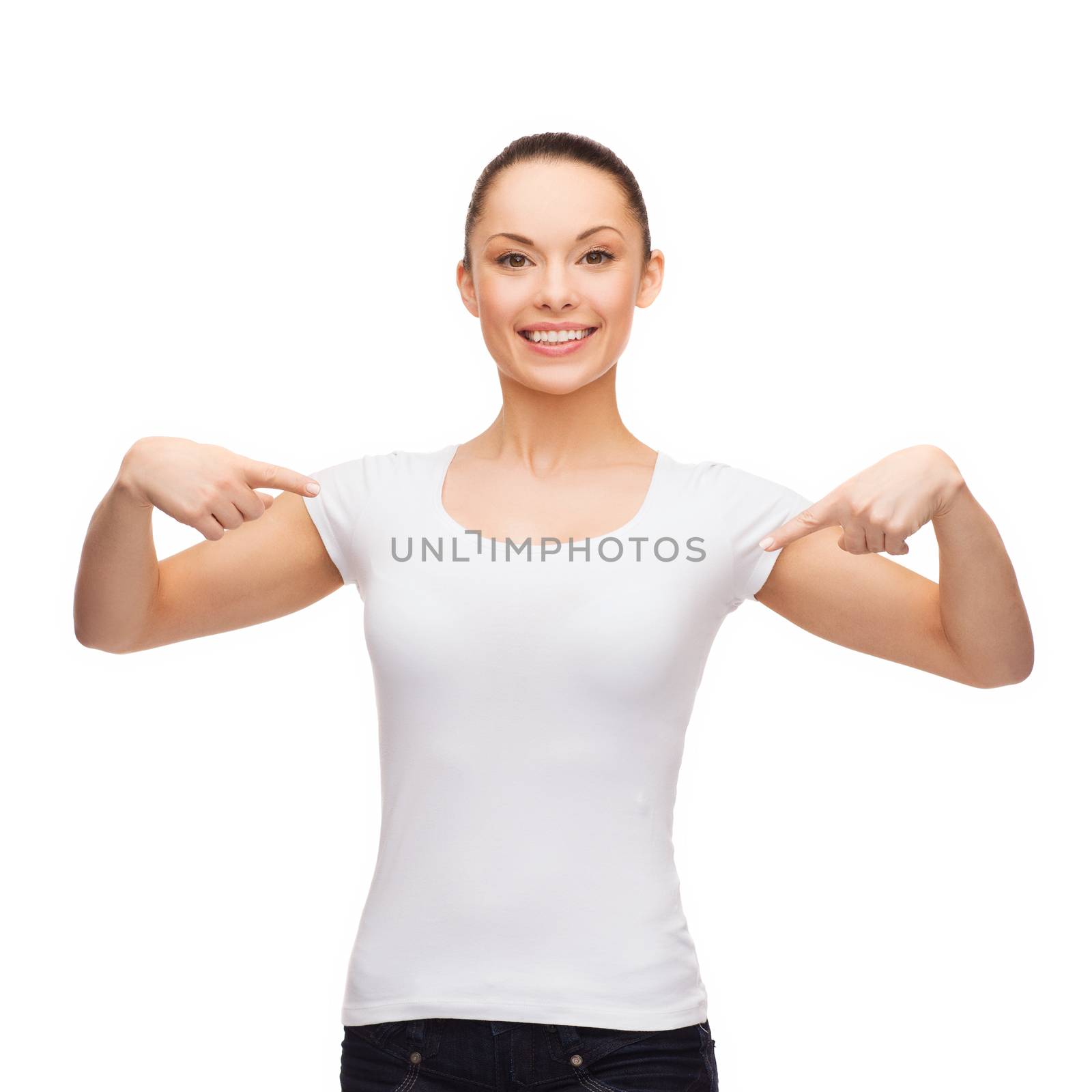 smiling woman in blank white t-shirt by dolgachov