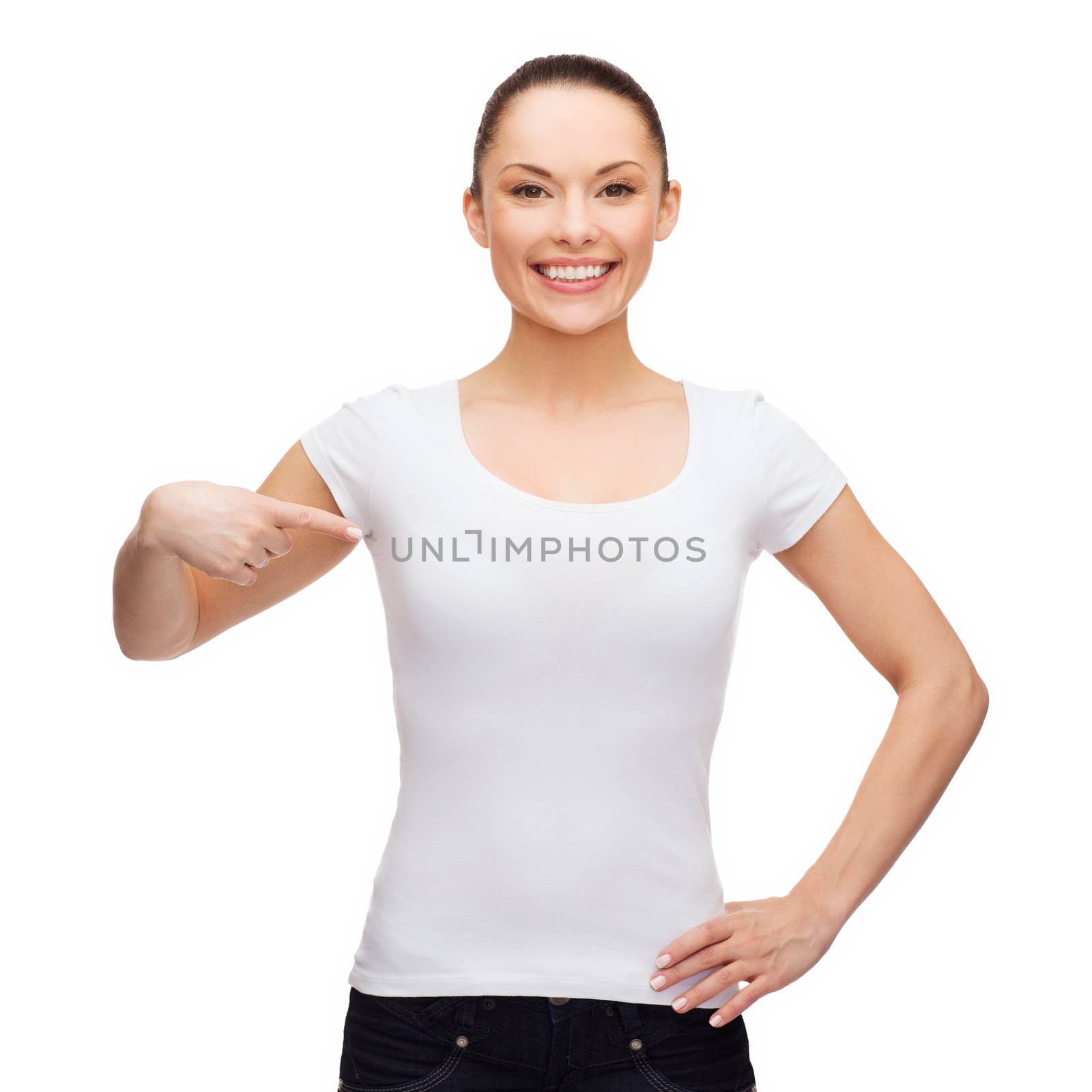 t-shirt design concept - smiling woman in blank white t-shirt pointing at herself