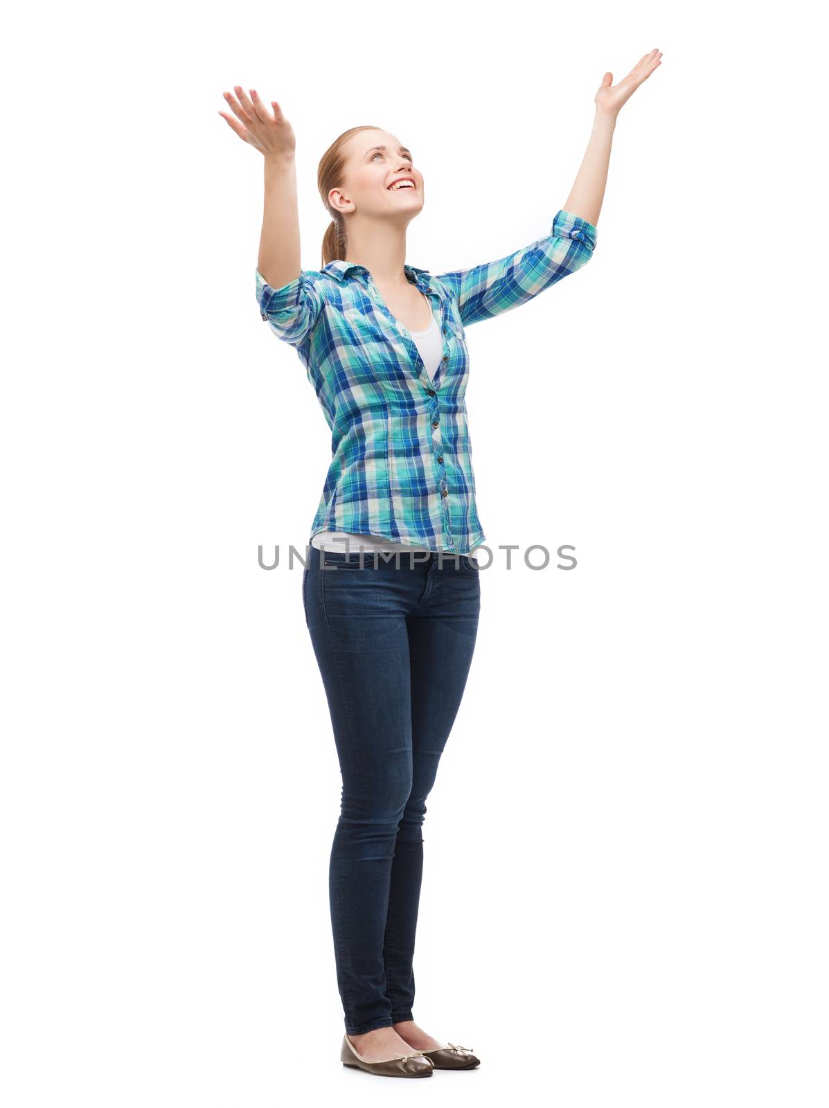 smiling young woman waving hands by dolgachov