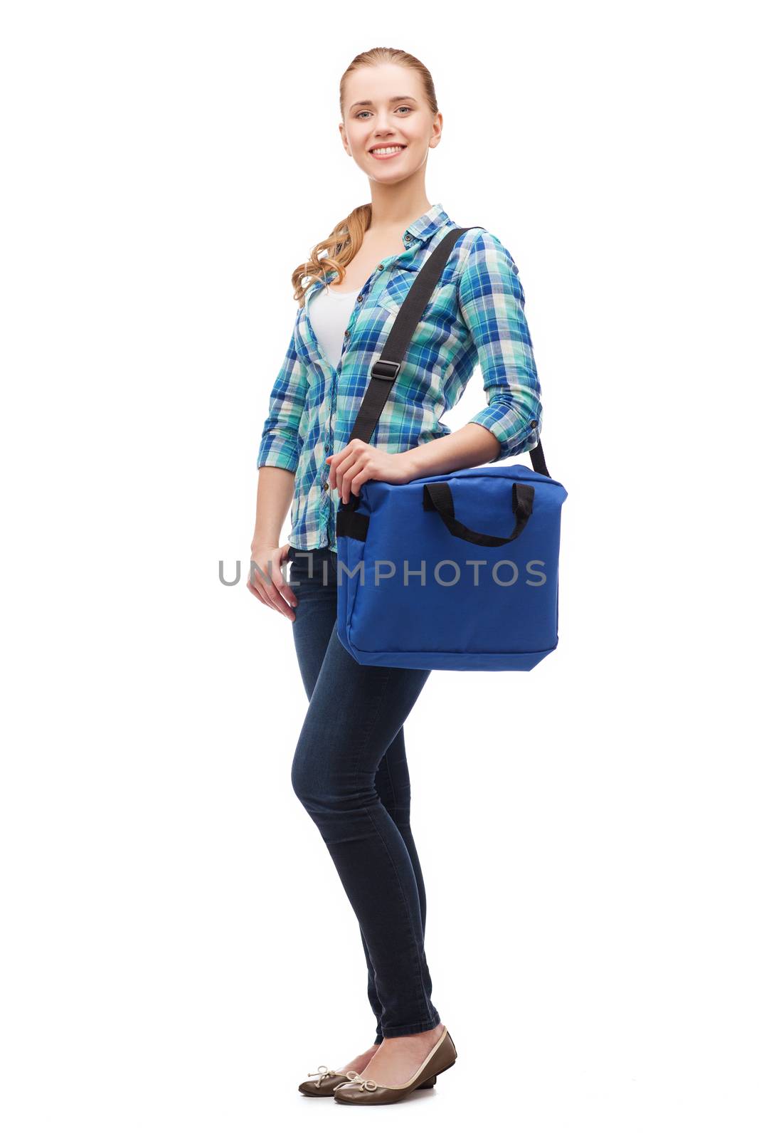 education and people concept - smiling female student with laptop bag