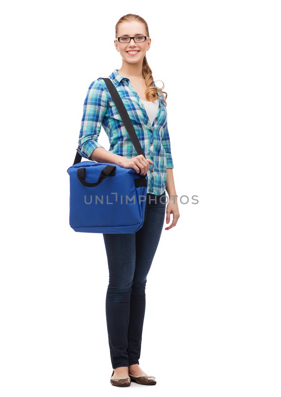 education and people concept - smiling female student in eyeglasses with laptop bag