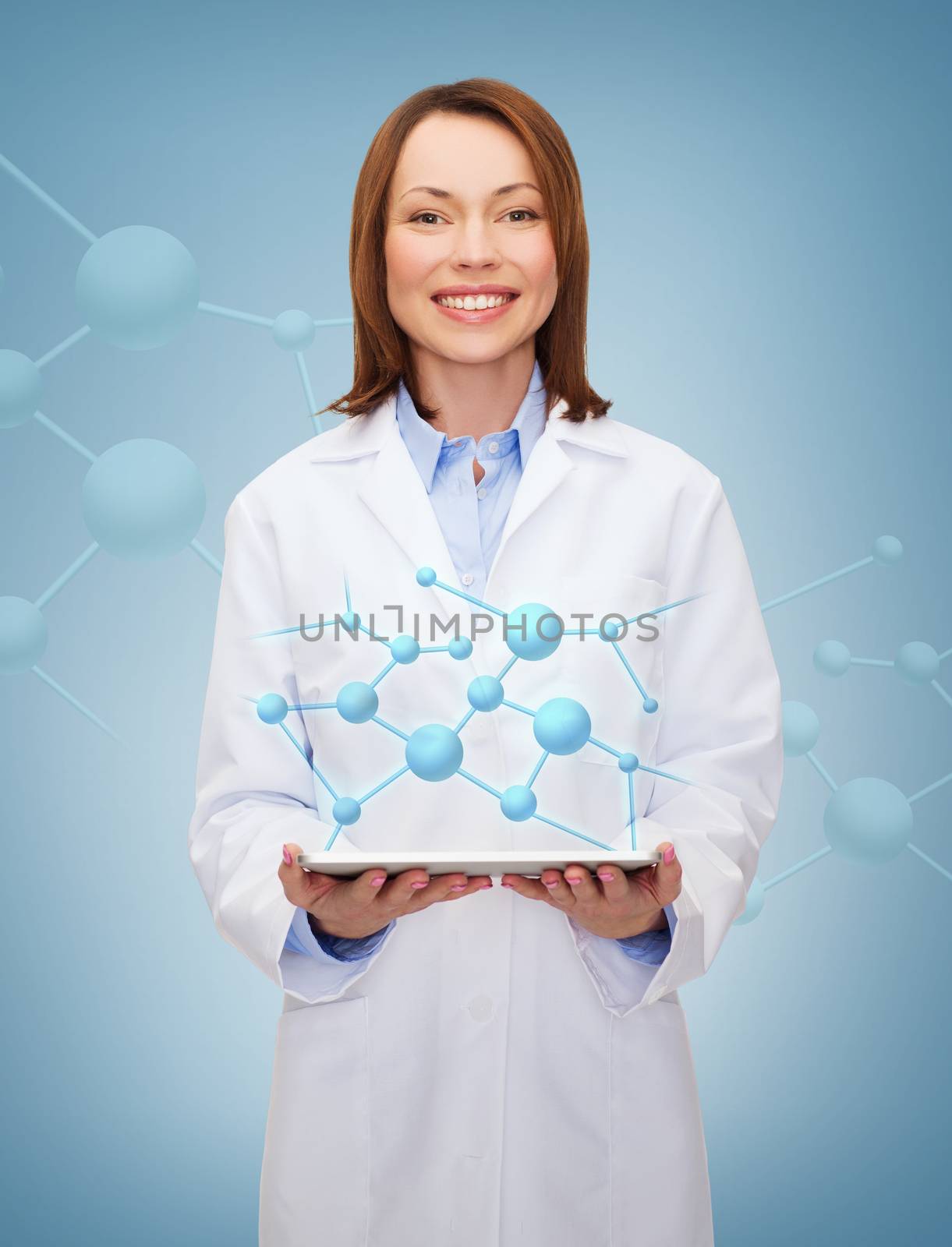 healthcare, technology and medicine concept - smiling female doctor and tablet pc computer