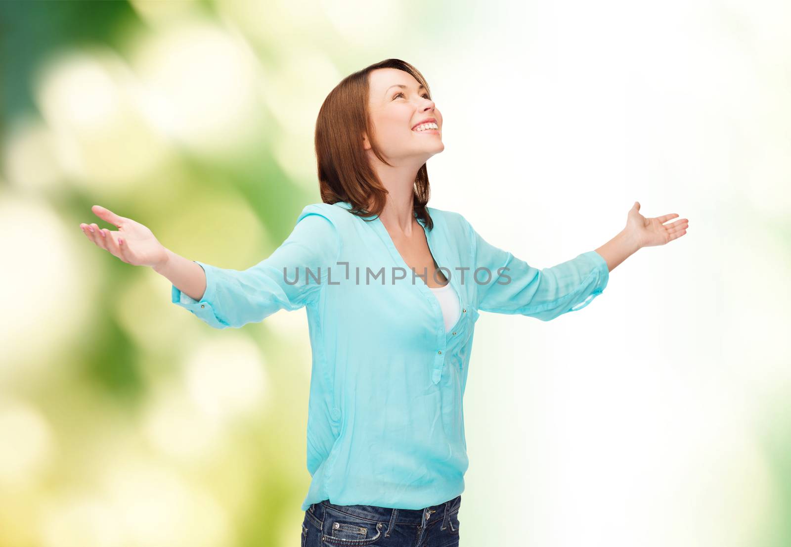 smiling woman waving hands by dolgachov