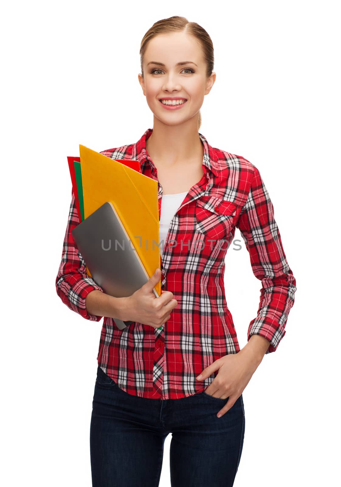 smiling student with folders and tablet pc by dolgachov